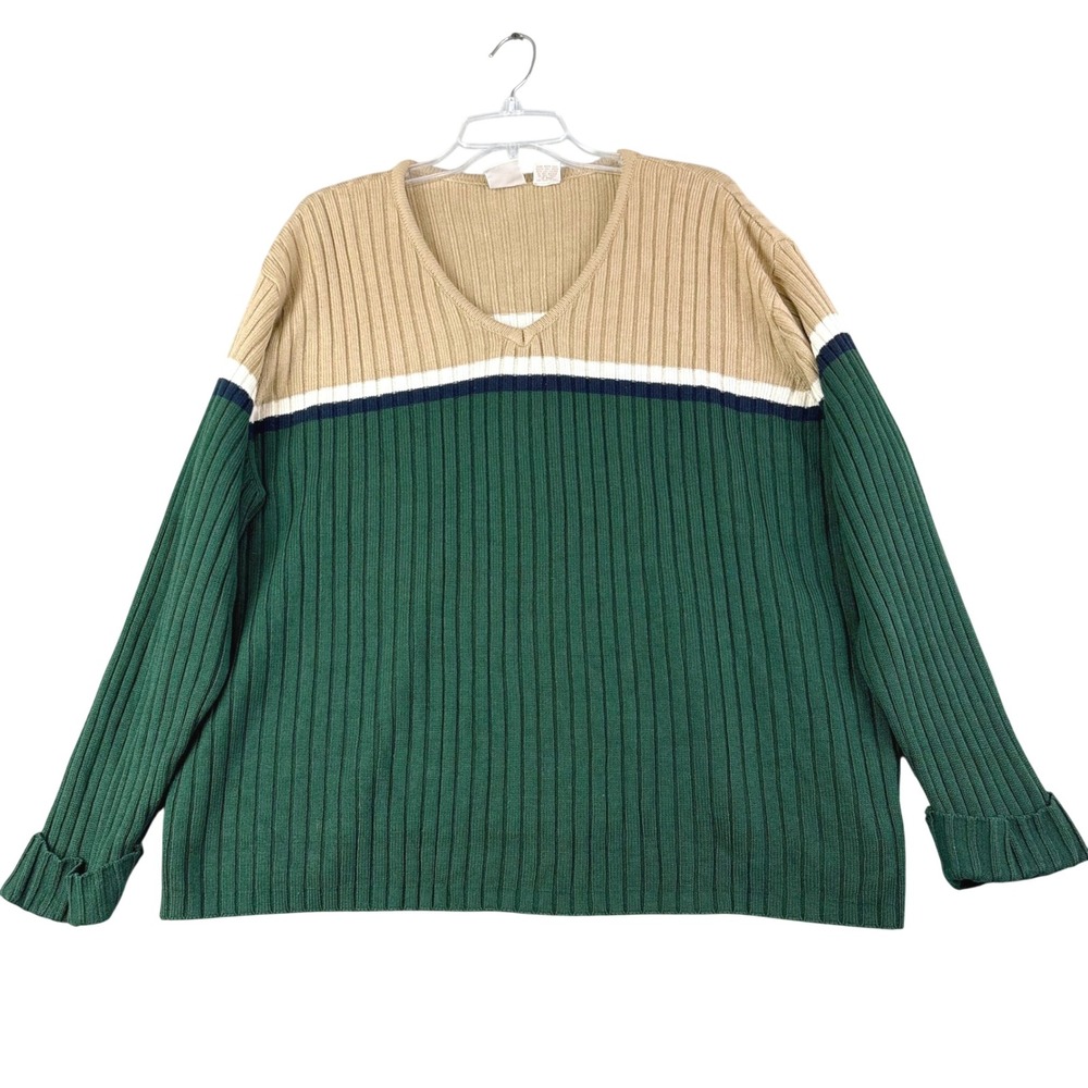 Fiorlini International 24W Green Tan V-Neck Ribbed Knit Colorblock Sweater VTG